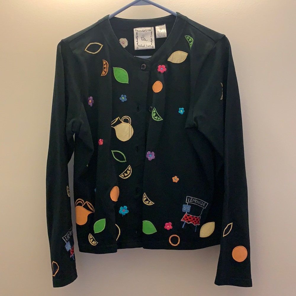 Michael Simon Lite Cardigan‎ Women’s Small Black Fruit Lemonade Stand Sweater